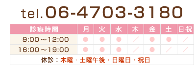 tel.06-4703-3180 休診:木曜午後、土曜午後、日曜日・祝日